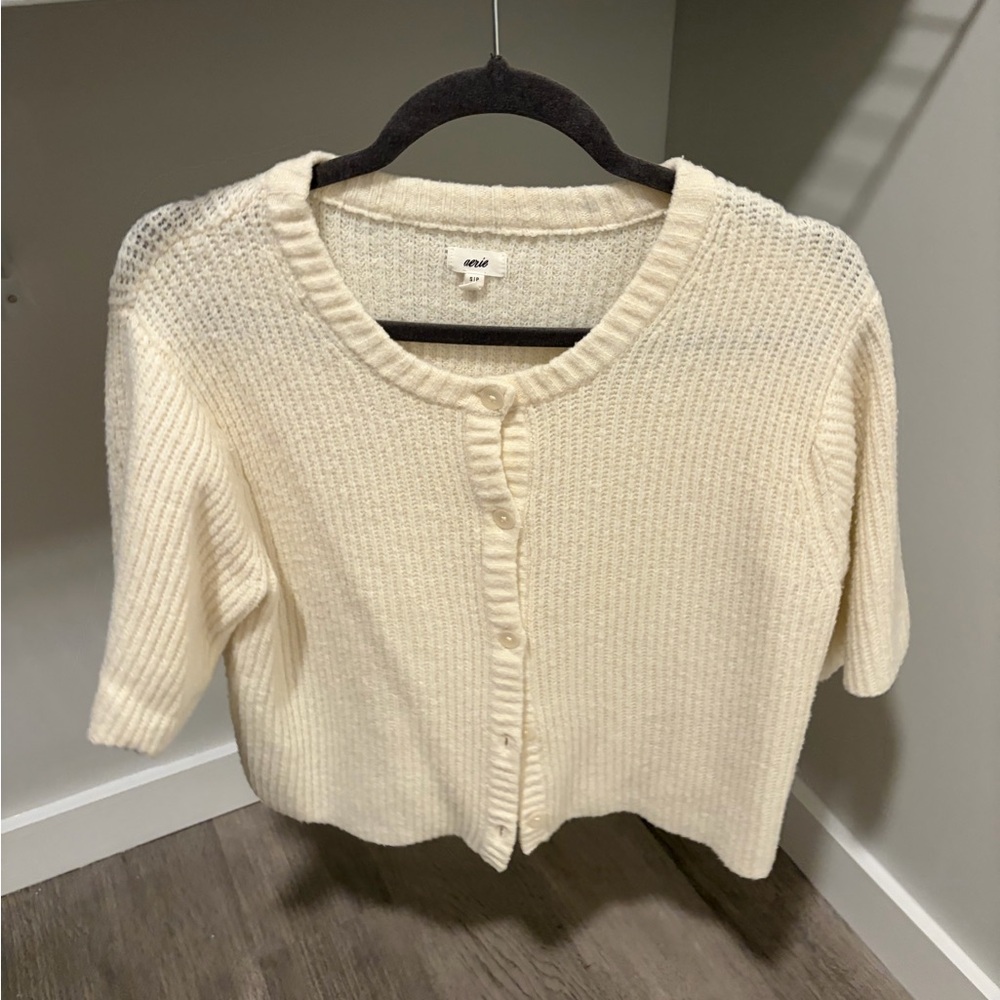 Cream Short-Sleeve Button Front Sweater Cardigan - Aerie